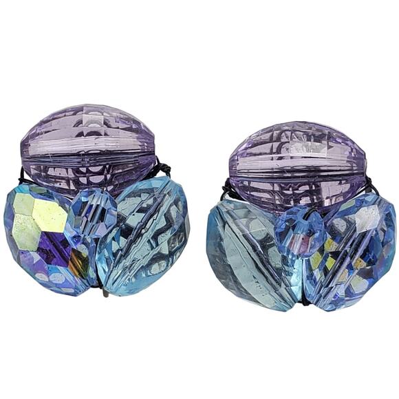 1960s Vogue Clip Earrings Blue Purple AB Beads Pastel Cluster Button Mid Century - Picture 1 of 7